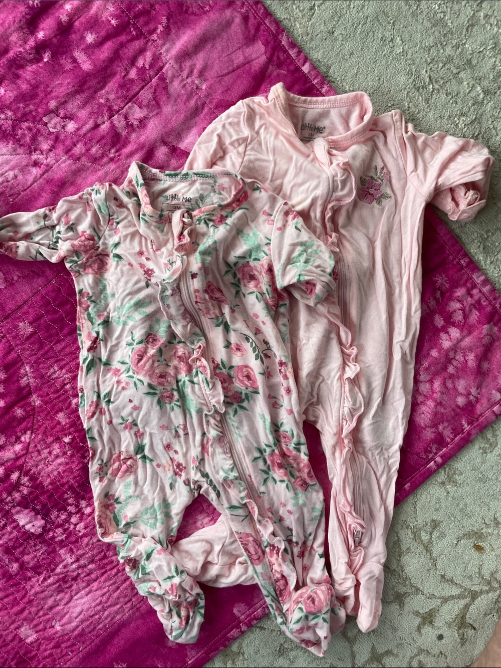 Little Me - baby Girls Pink Floral & Solid Footed One-Piece Sleepers - 2 Pack